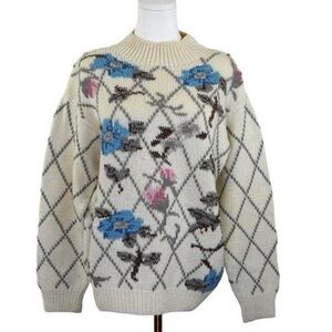 Vtg 1980s Jones New York Hand Knit 100% Wool Floral Pattern Sweater Size M